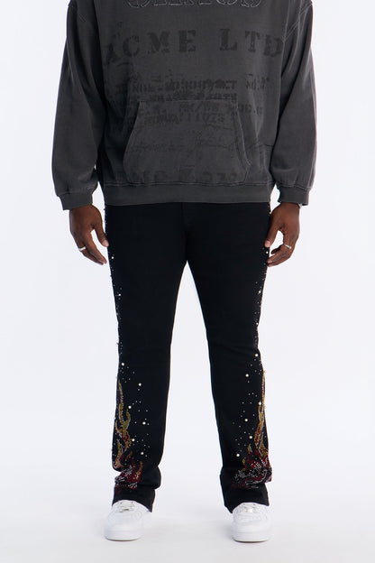 Stacked Skinny Flare Flamed Rose Jeweled Jean - Black