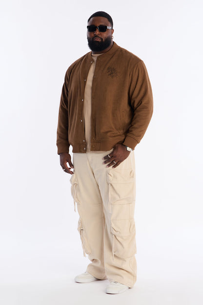 Faux Suede Embroidered Blossom Bomber Jacket - Tan