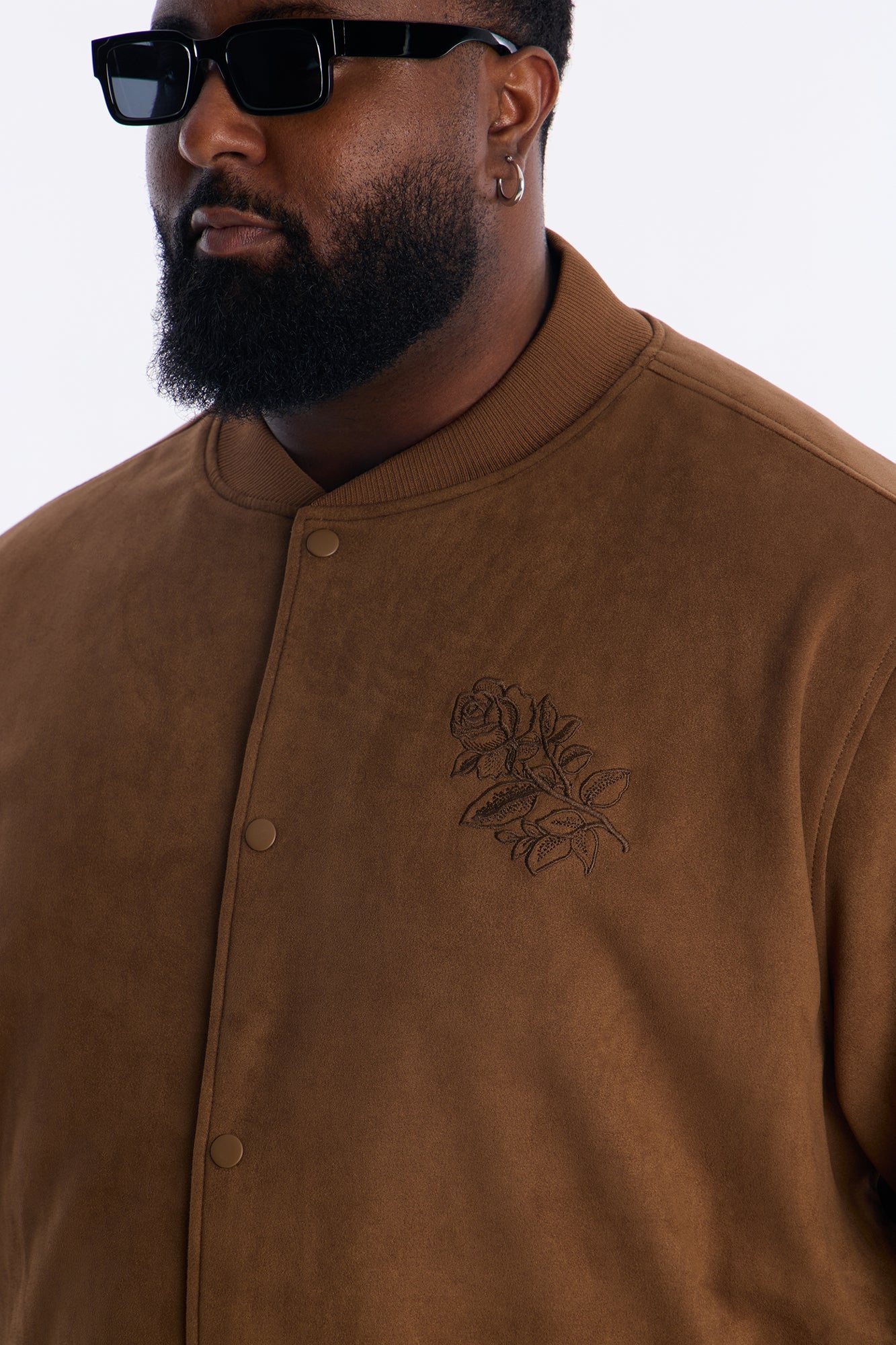 Faux Suede Embroidered Blossom Bomber Jacket - Tan