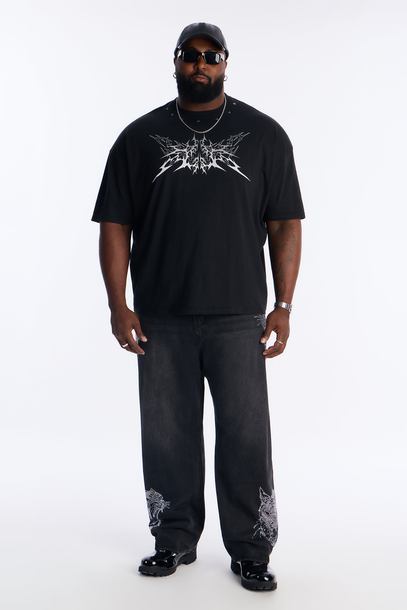 Baggy Tiger Rhinestone Jean - Black Wash