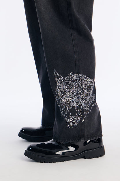 Baggy Tiger Rhinestone Jean - Black Wash