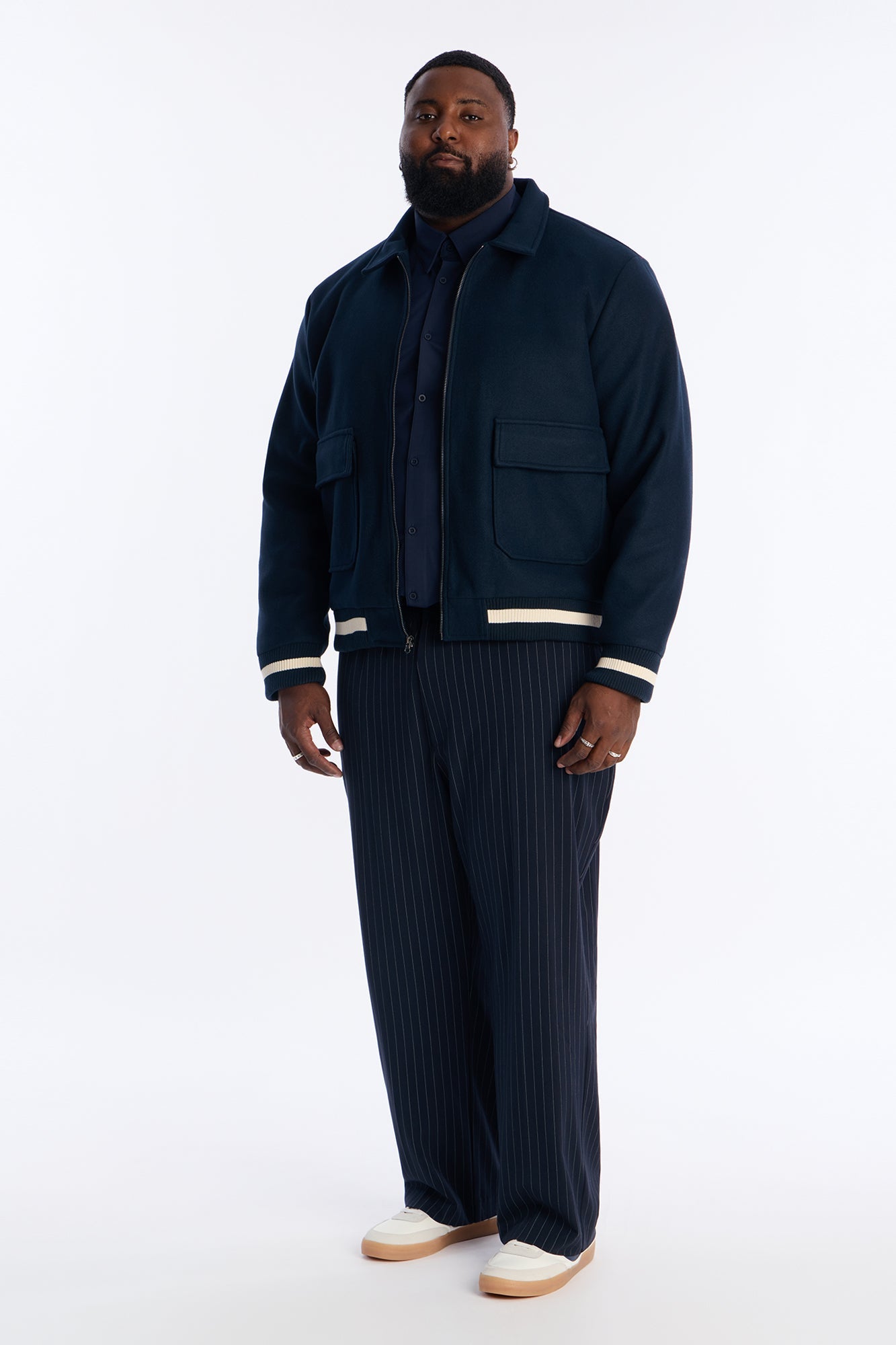 Retro Rib Wool Varsity Jacket - Navy