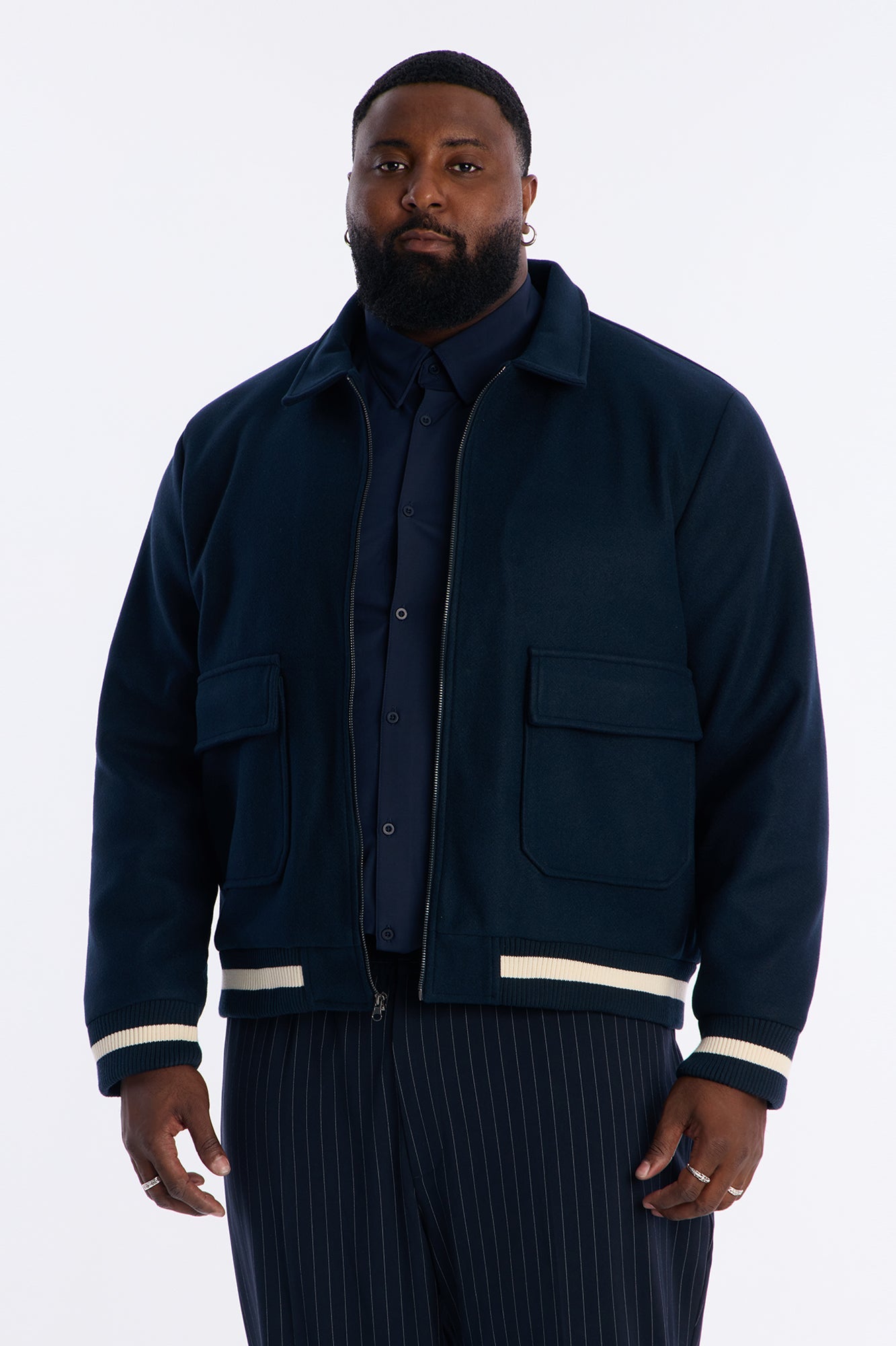 Retro Rib Wool Varsity Jacket - Navy