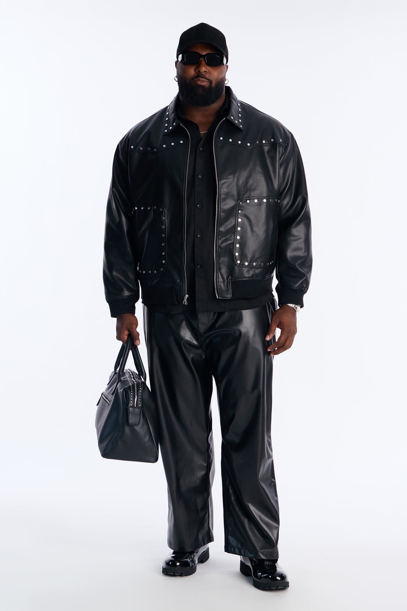 Relaxed Riff Studded Faux Leather Bomber Jacket - Black
