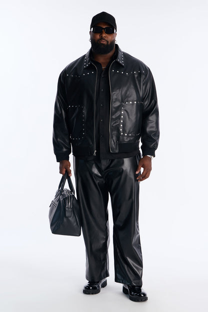 Relaxed Riff Studded Faux Leather Bomber Jacket - Black