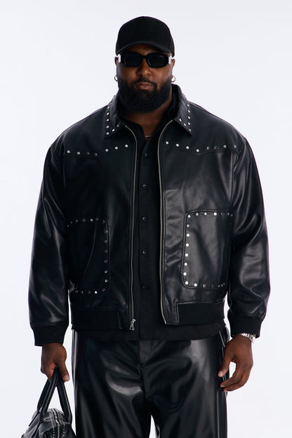Relaxed Riff Studded Faux Leather Bomber Jacket - Black