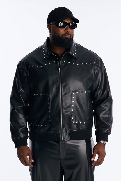 Relaxed Riff Studded Faux Leather Bomber Jacket - Black
