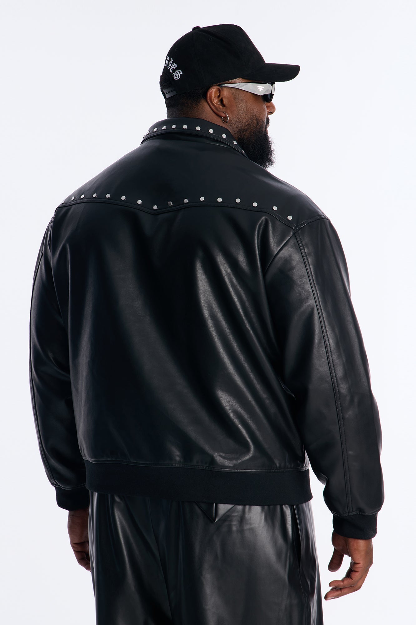 Relaxed Riff Studded Faux Leather Bomber Jacket - Black