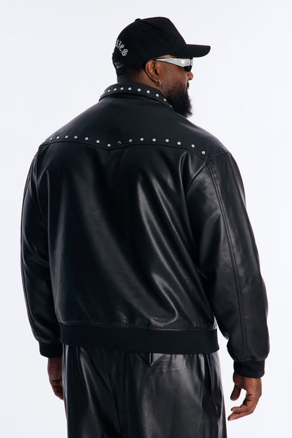 Relaxed Riff Studded Faux Leather Bomber Jacket - Black