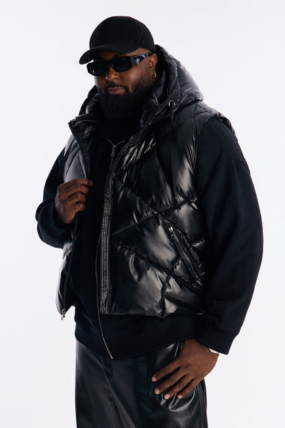 Cropped Quilted Hooded Puffer Vest - Black
