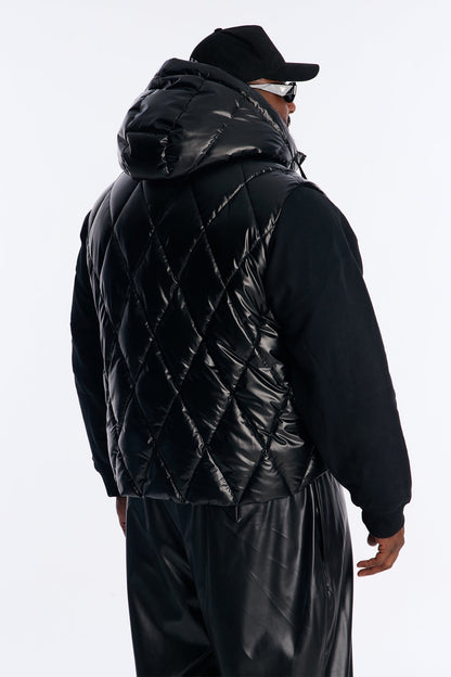 Cropped Quilted Hooded Puffer Vest - Black