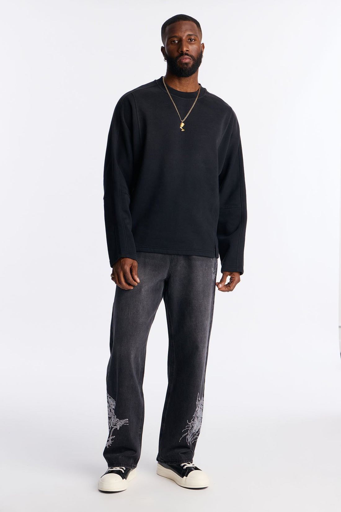 Wash Paneled Crew Neck Sweatshirt - Black Wash