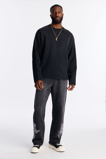 Wash Paneled Crew Neck Sweatshirt - Black Wash