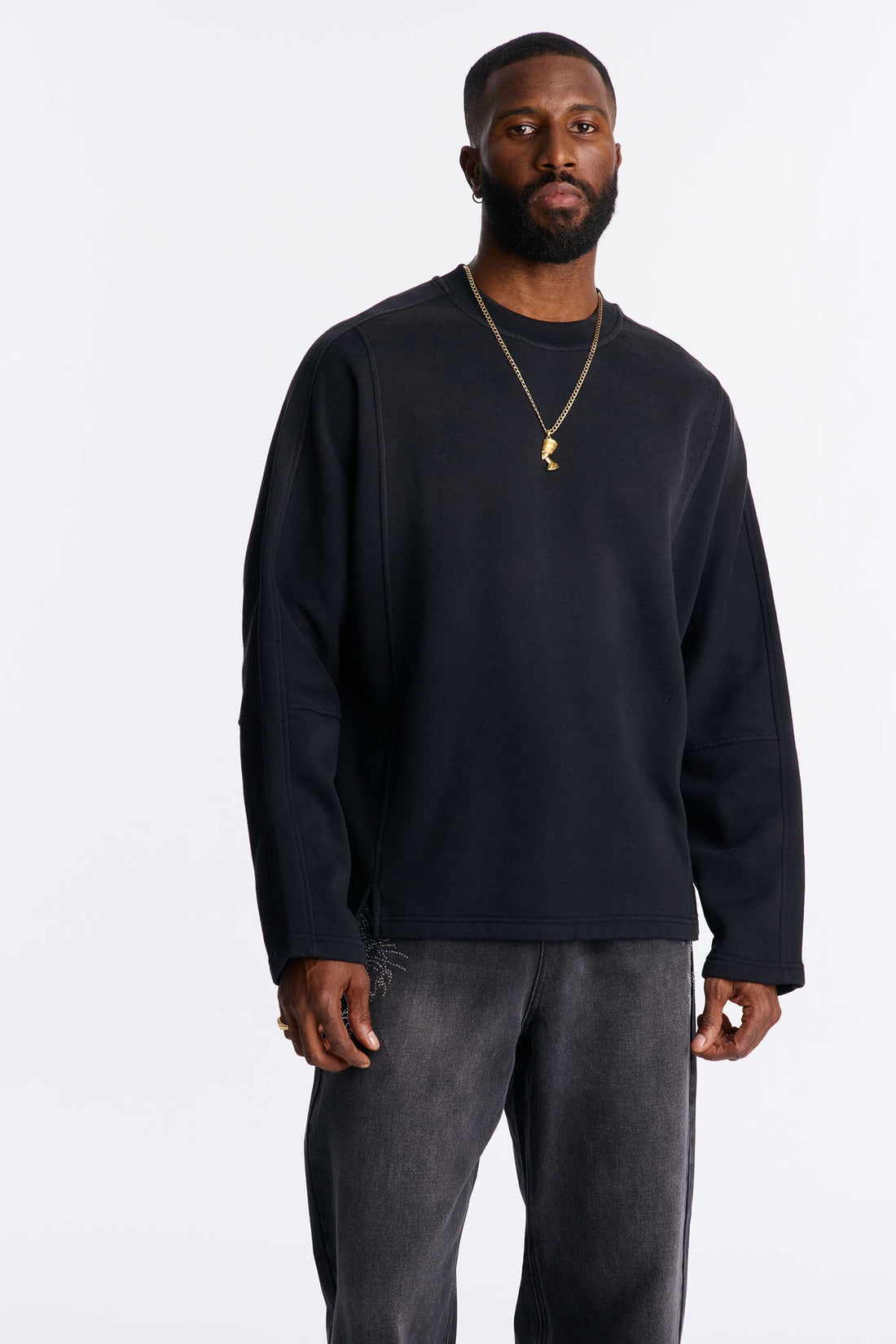 Wash Paneled Crew Neck Sweatshirt - Black Wash