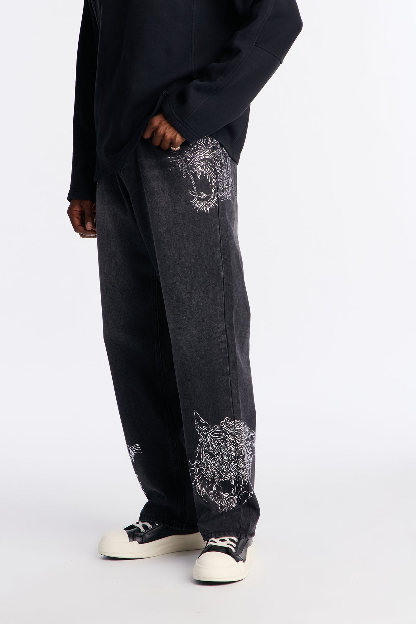 Baggy Tiger Rhinestone Jean - Black Wash