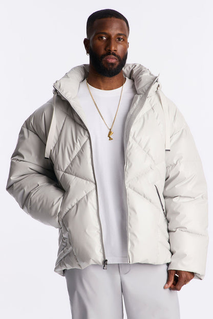 Oversized High Low Hooded Puffer Jacket - Grey
