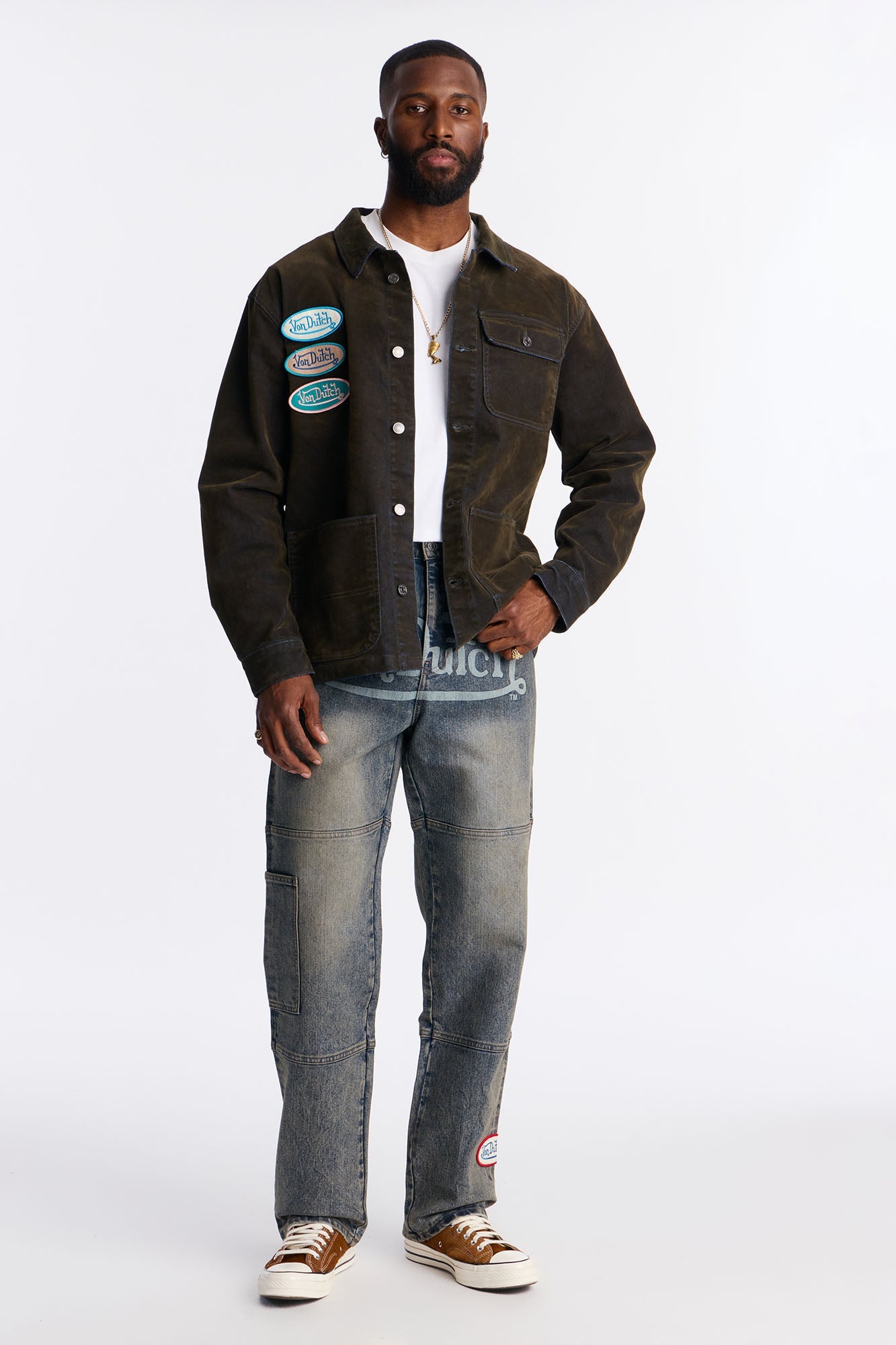 Von Dutch Flocked Patchwork Chore Denim Jacket - Dark Wash