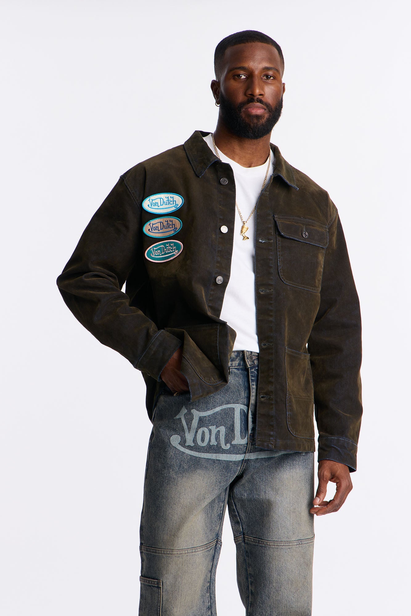 Von Dutch Flocked Patchwork Chore Denim Jacket - Dark Wash