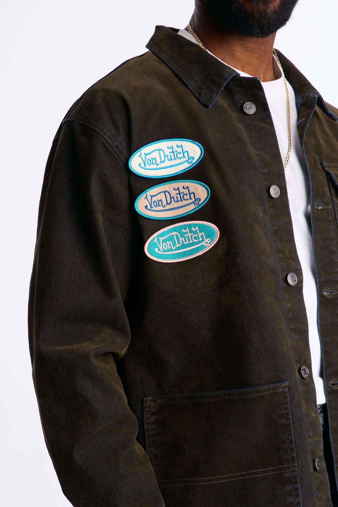 Von Dutch Flocked Patchwork Chore Denim Jacket - Dark Wash