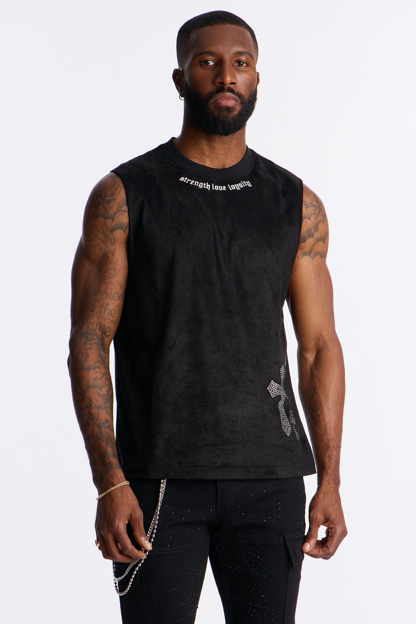 Studded Cross Faux Suede Muscle Tee - Black