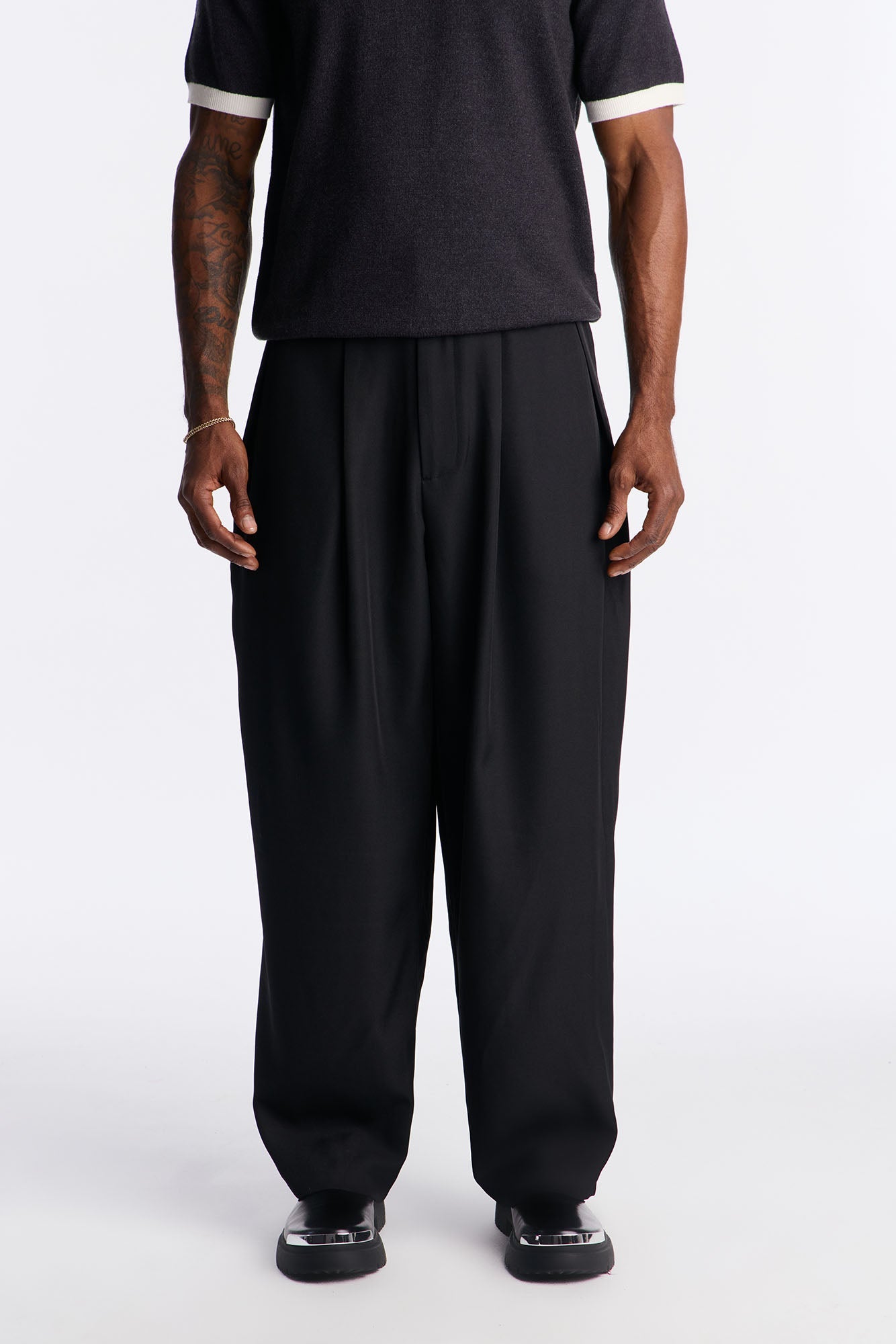 Wide Leg Double Pleated Grammercy Trouser - Black