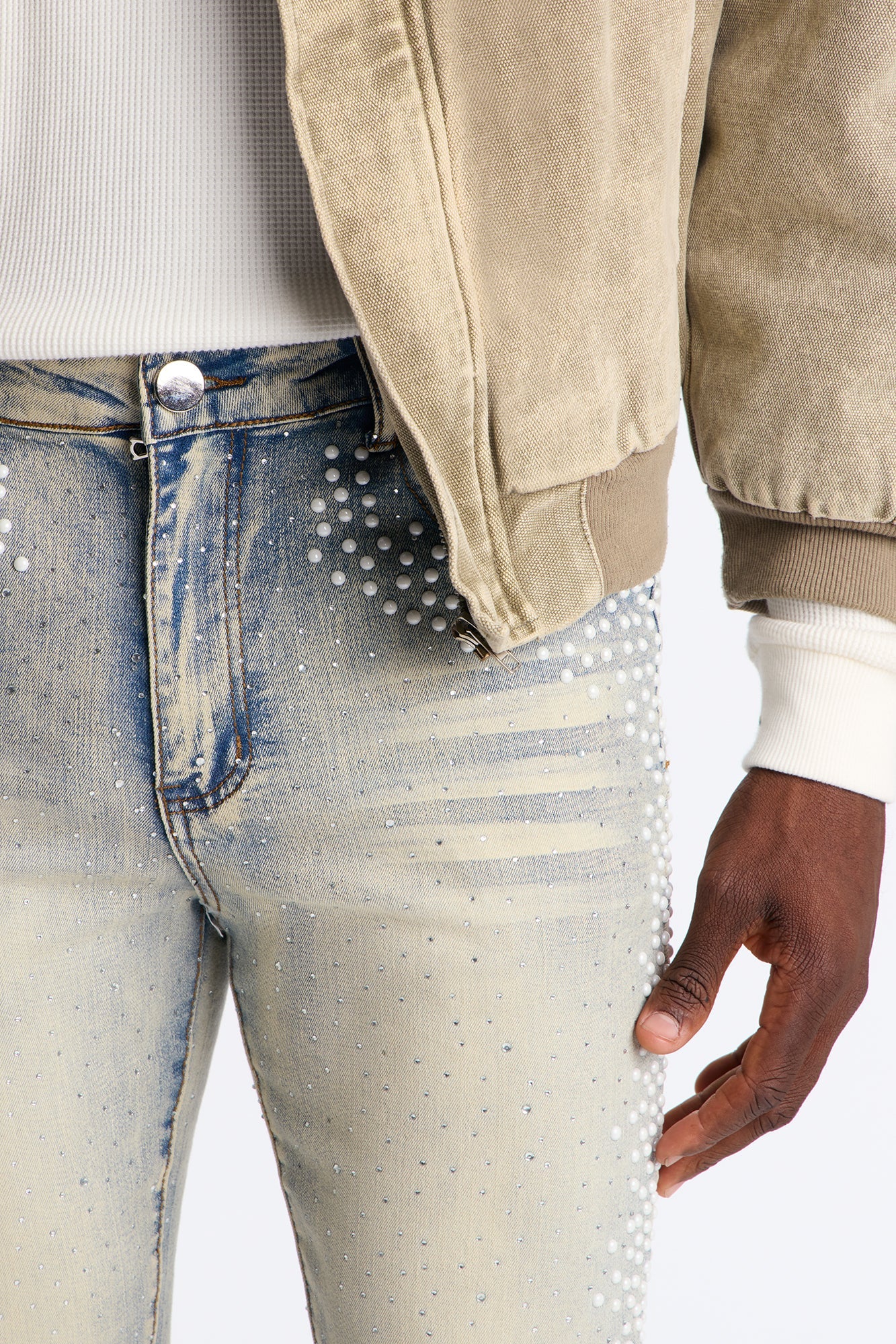 Stacked Skinny Flare Fancy Me Pearls With Jewel Jean - Medium Wash