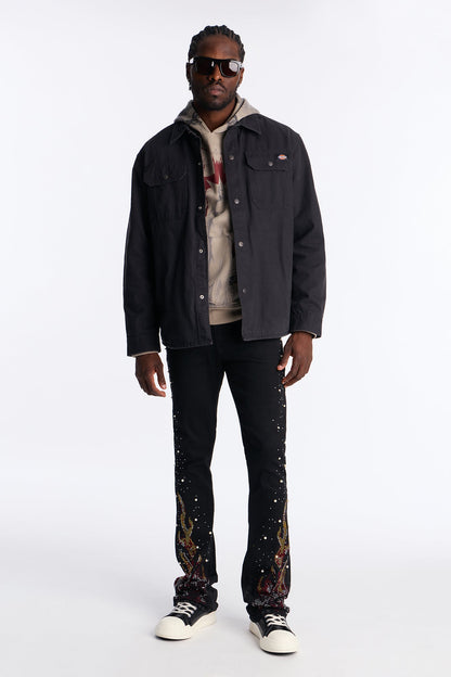 Stacked Skinny Flare Flamed Rose Jeweled Jean - Black