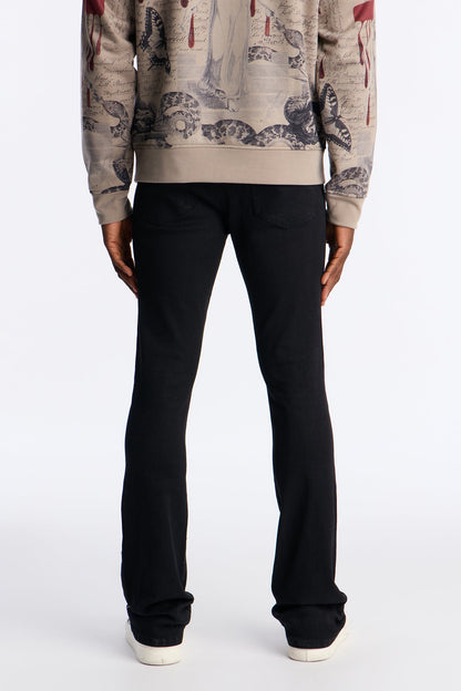 Stacked Skinny Flare Flamed Rose Jeweled Jean - Black