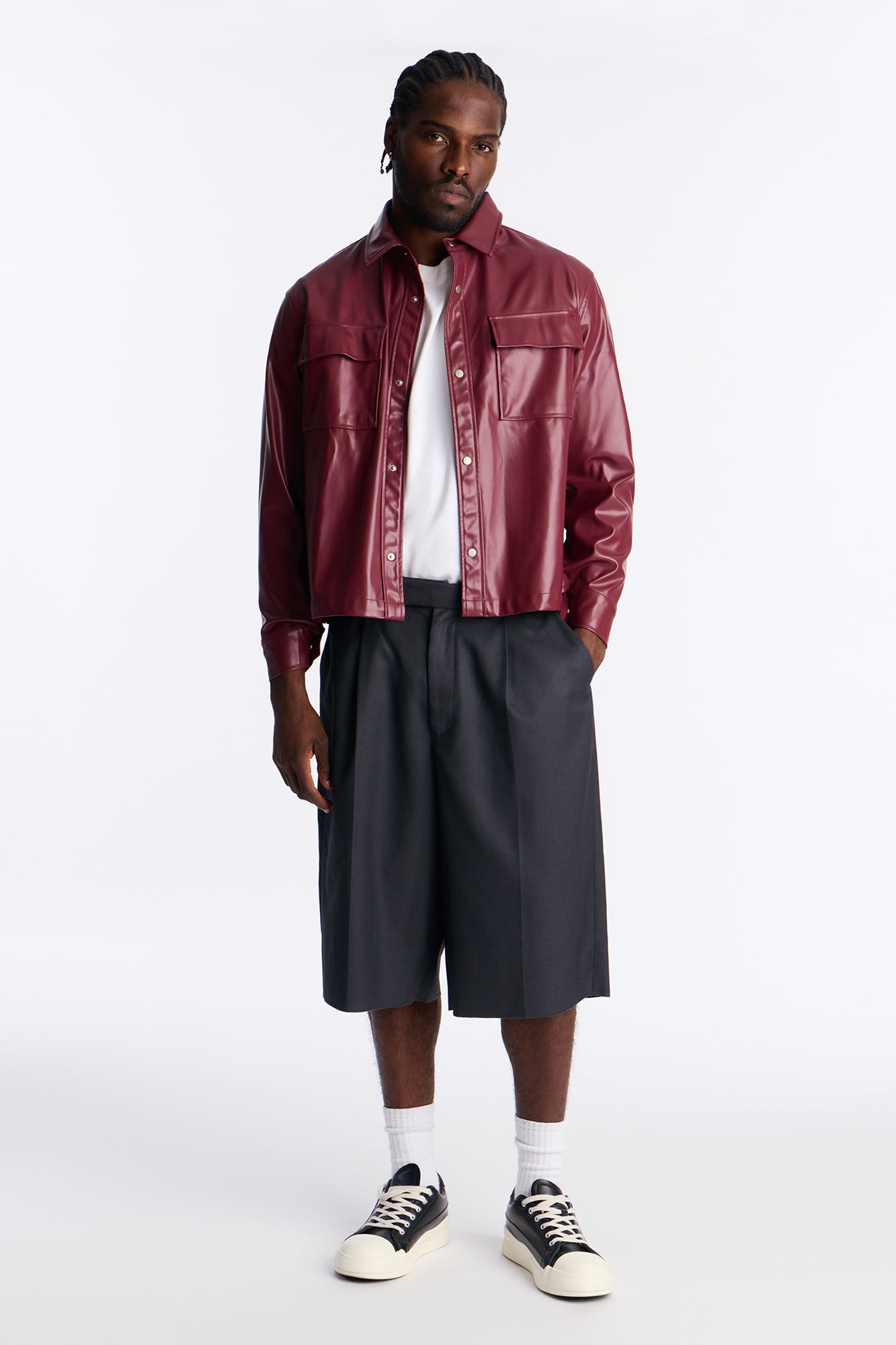 Cropped On Command Faux Leather Button Up Shirt - Burgundy