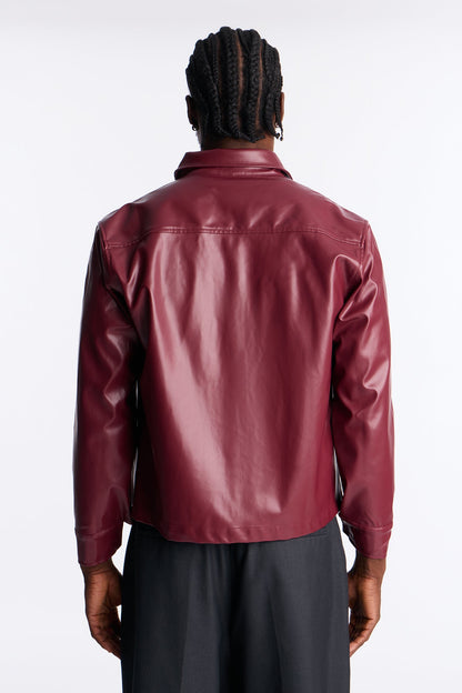 Cropped On Command Faux Leather Button Up Shirt - Burgundy