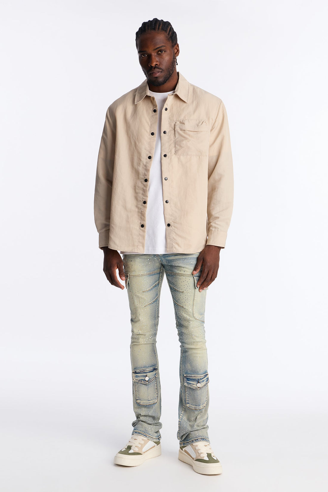 Stacked Skinny Flare Speckled Jeweled Cargo Jean - Medium Wash