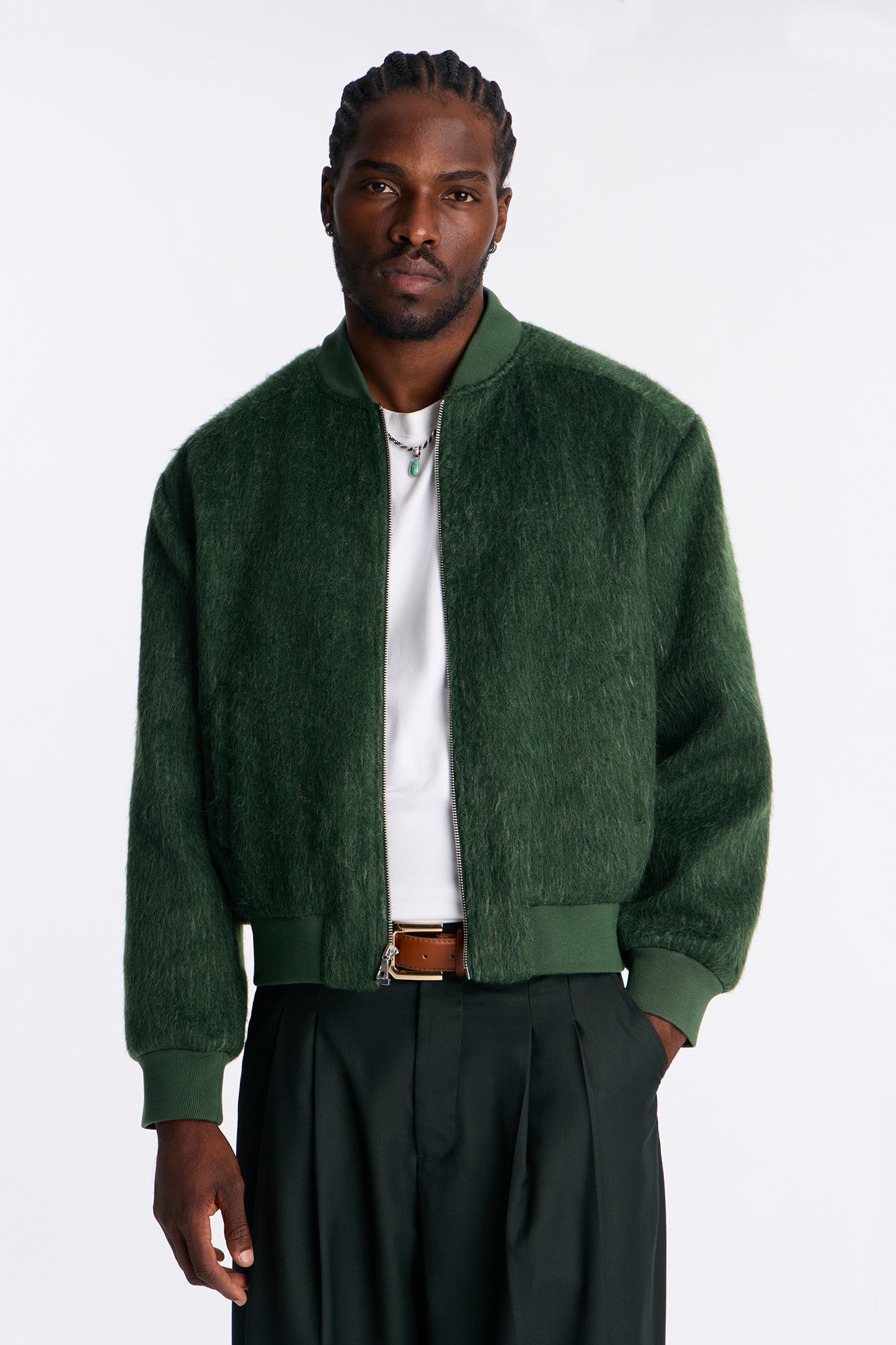 Relaxed Textured Mohair Bomber Jacket - Olive
