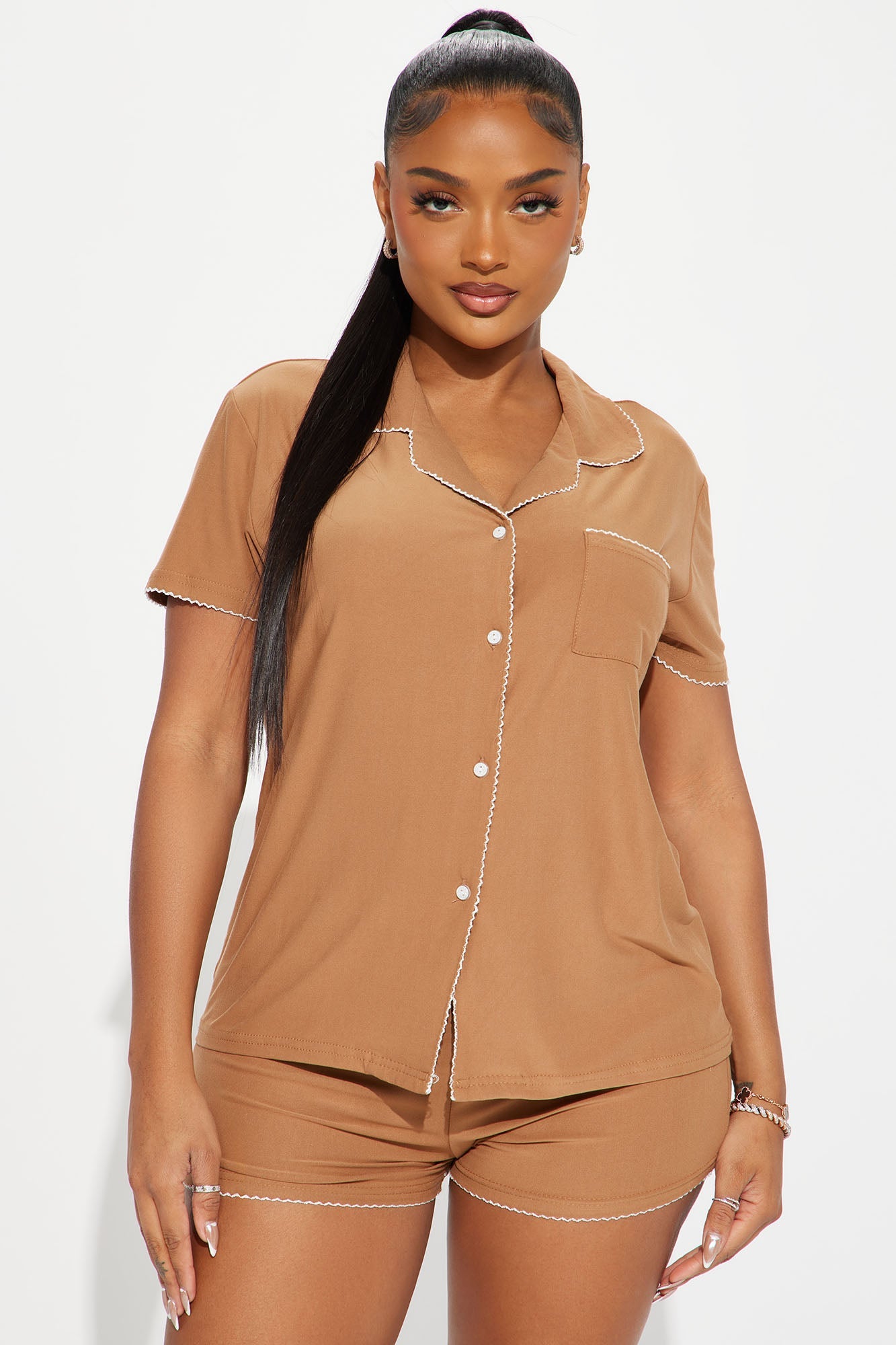 Weekends In PJ Short Set - Tan