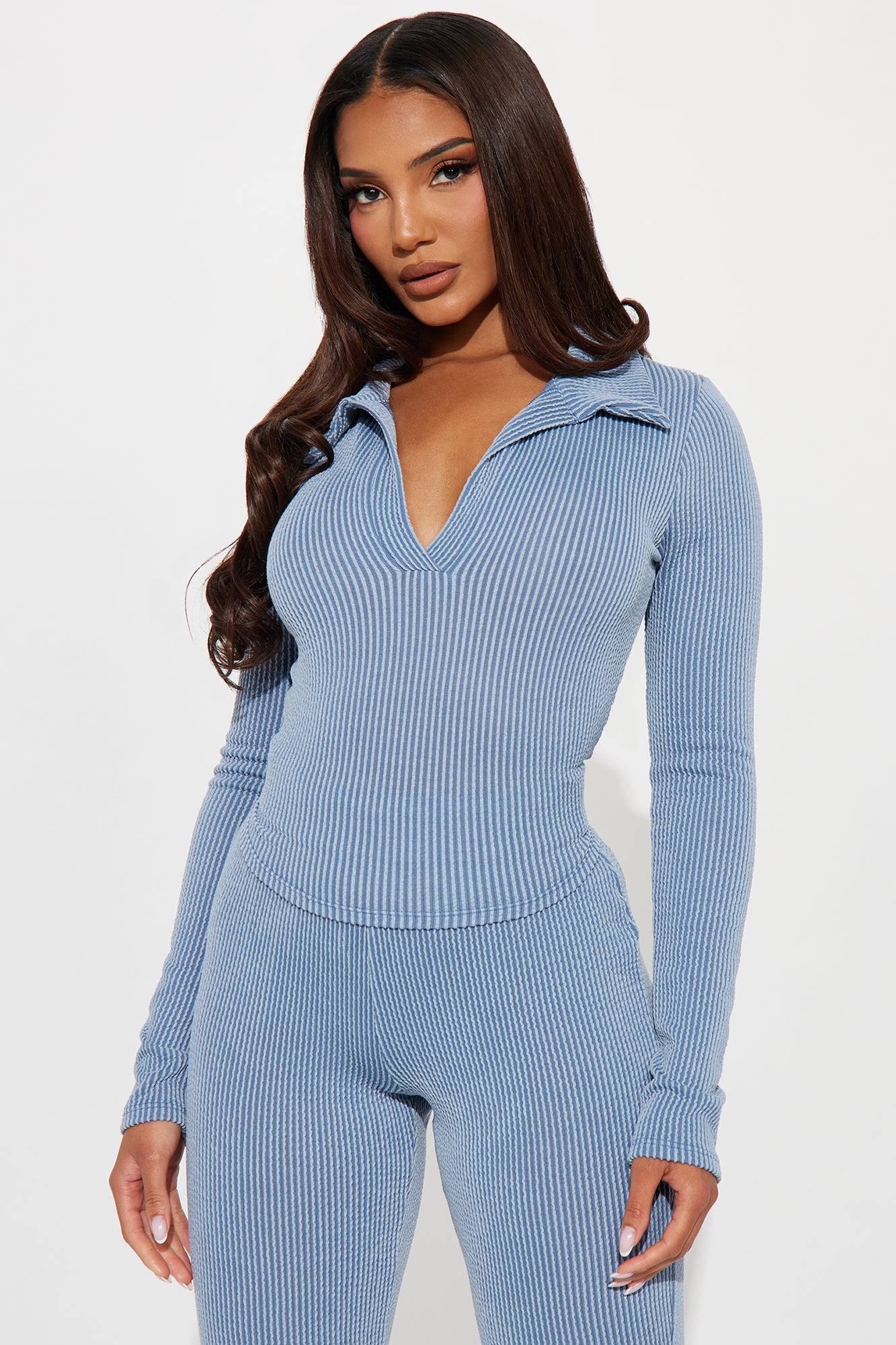 Josie Ribbed Long Sleeve Set - Dusty Blue
