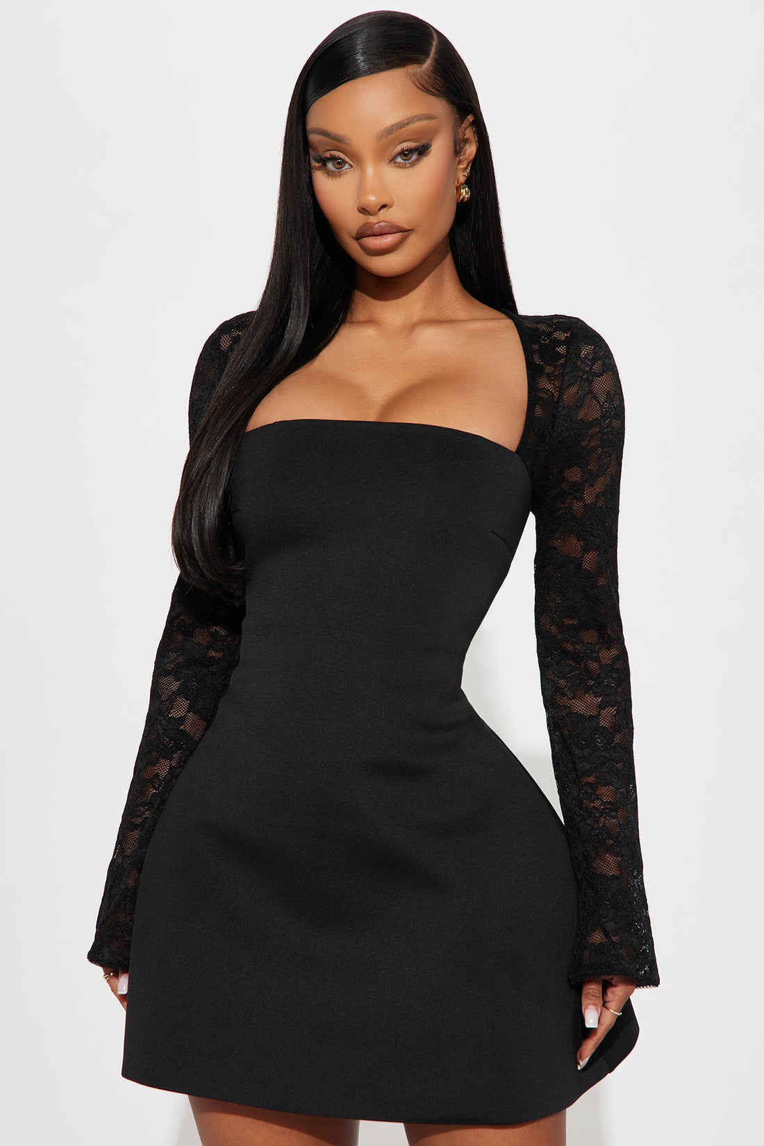 Delia Lace Long Sleeve Mini Dress - Black
