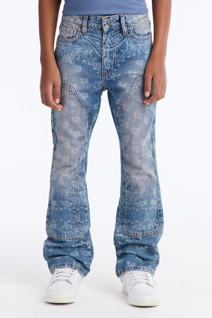 Mini Paisley Last Stacked Slim Flare Carpenter Jean - Medium Blue Wash