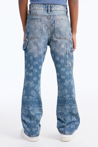 Mini Paisley Last Stacked Slim Flare Carpenter Jean - Medium Blue Wash