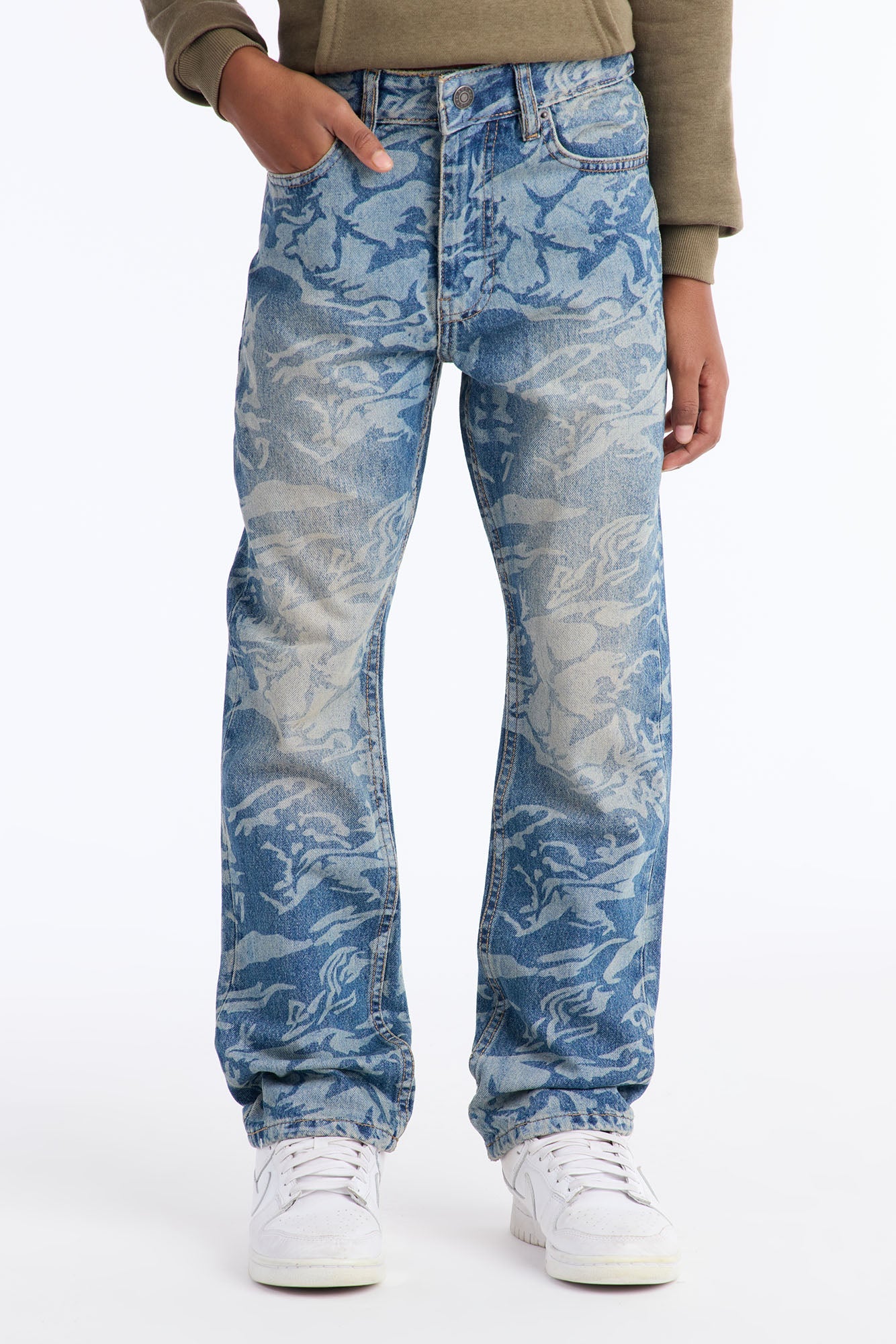Mini Straight Floral Print Jean - Medium Blue Wash