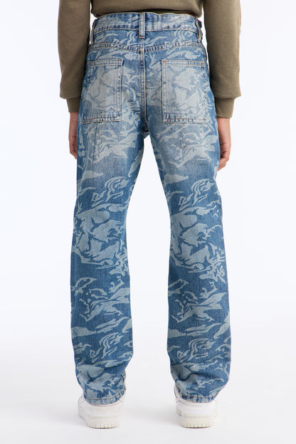 Mini Straight Floral Print Jean - Medium Blue Wash