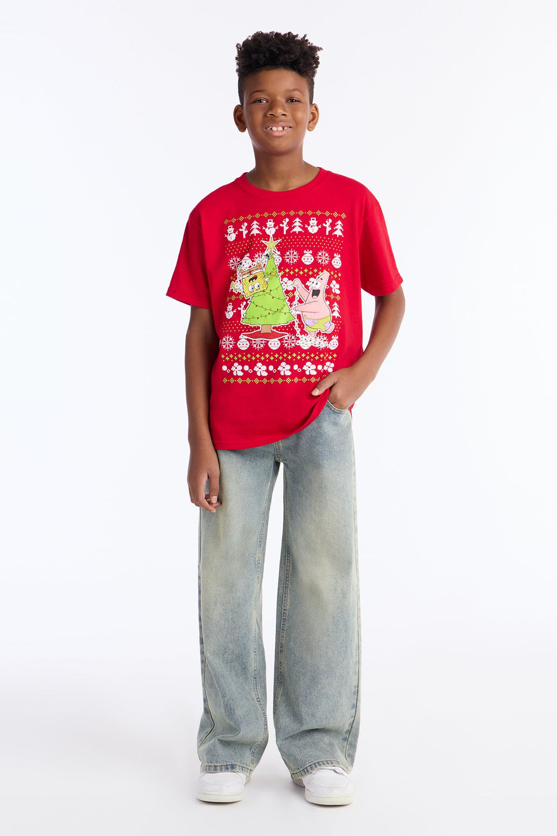 Mini Spongebob And Patrick Trimming The Tree Short Sleeve Tee - Red