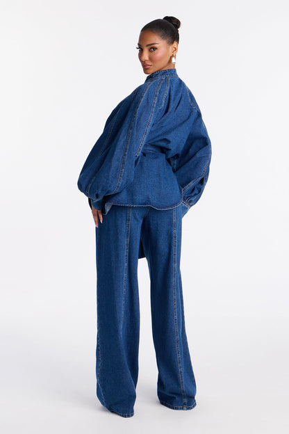 Gemma Tie Waist Denim Pant Set - Dark Wash