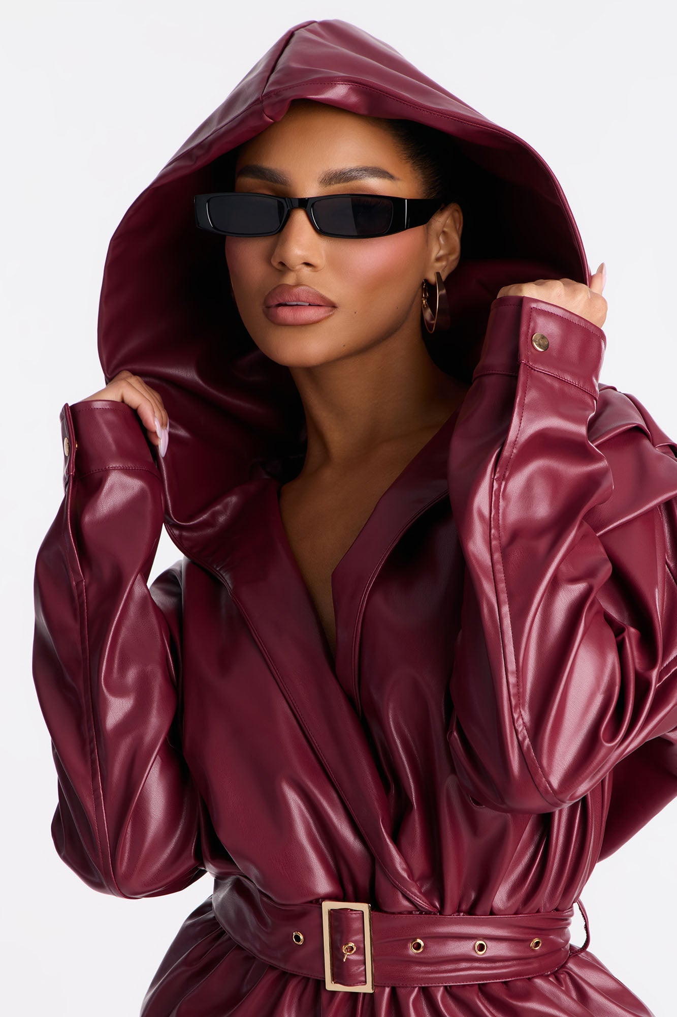 Sloane Hooded Cargo Leather Jumpsuit - Burgundy