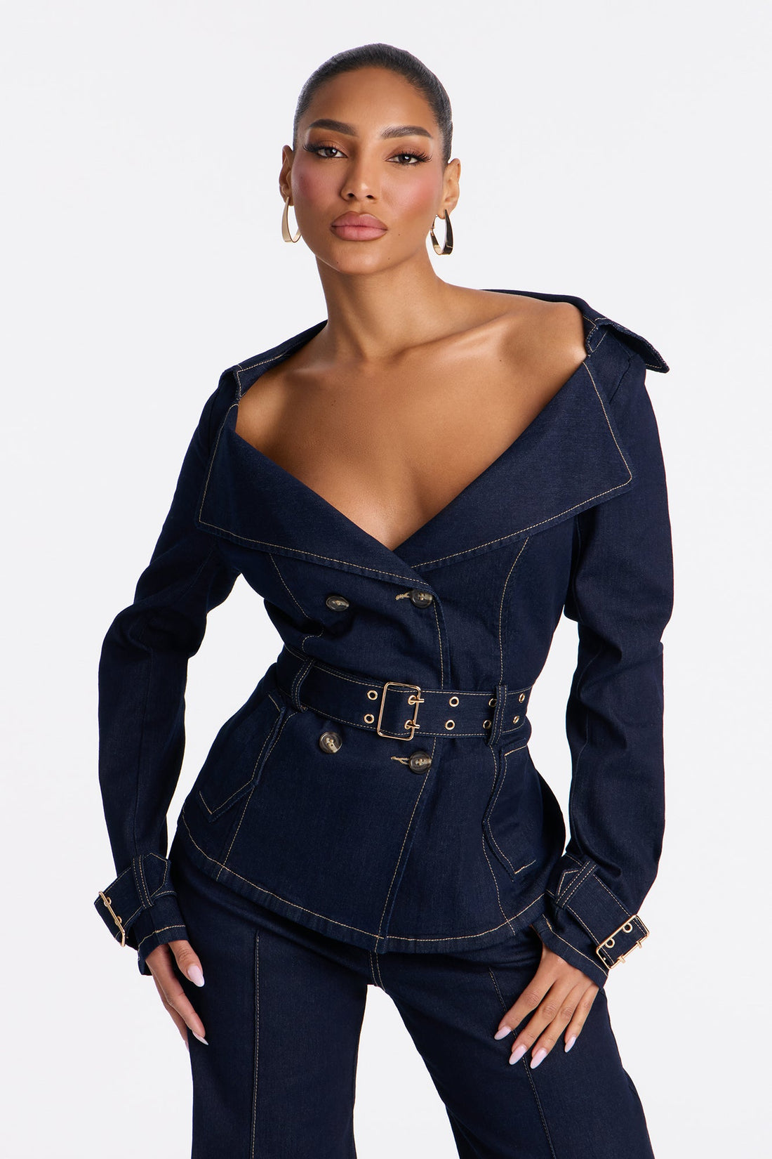 Ellanor Belted Trench Denim Pant Set - Dark Denim