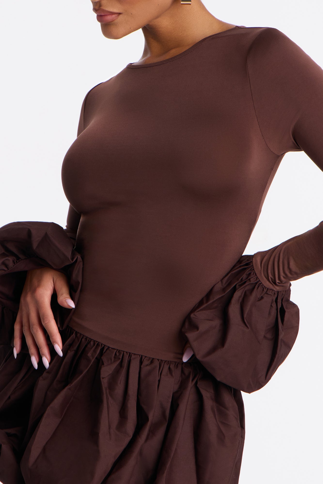 Jillian Puff Sleeve Bubble Mini Dress - Chocolate