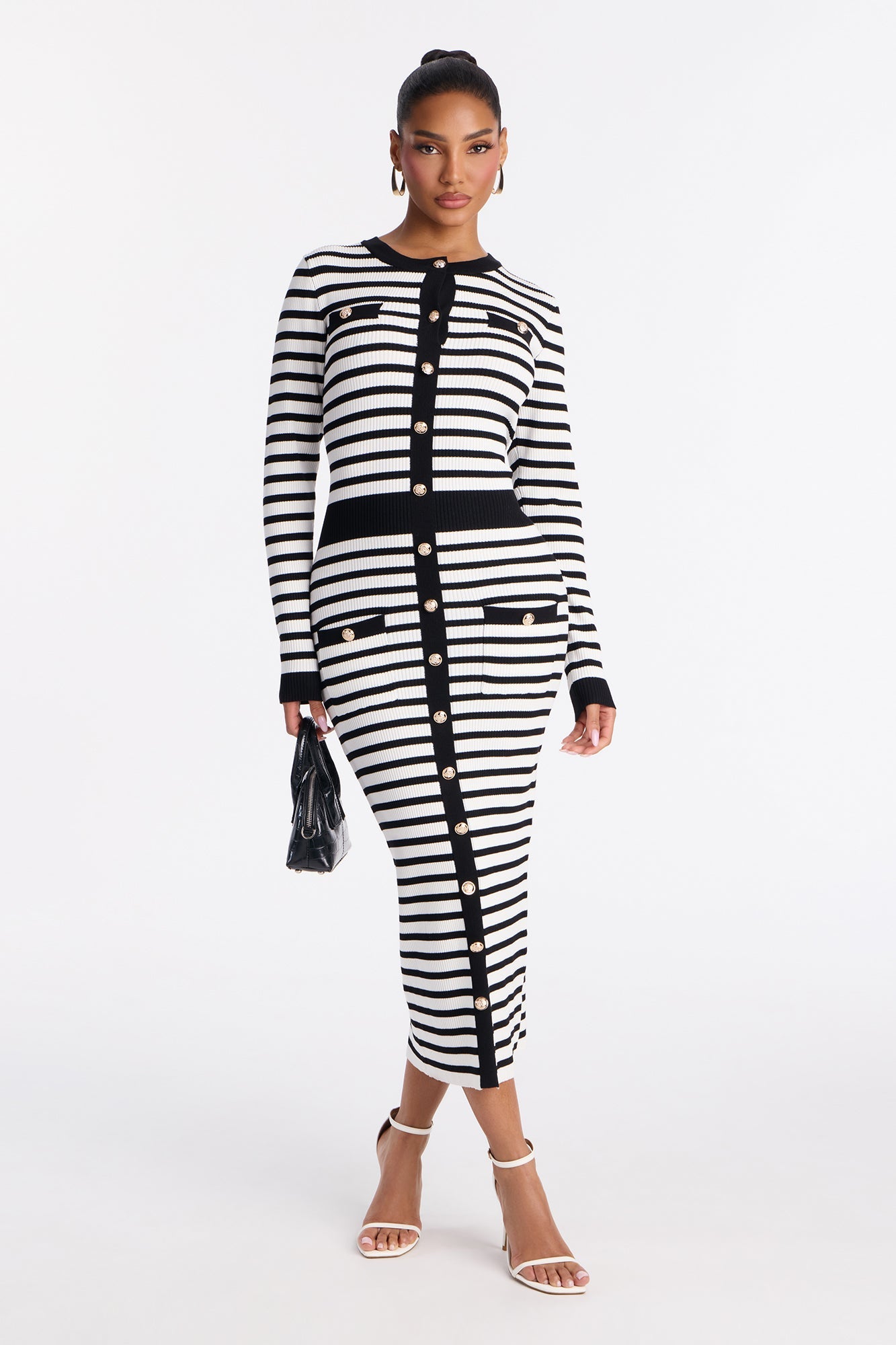 Zaylee Striped Ribbed Midi Dress - Black/White
