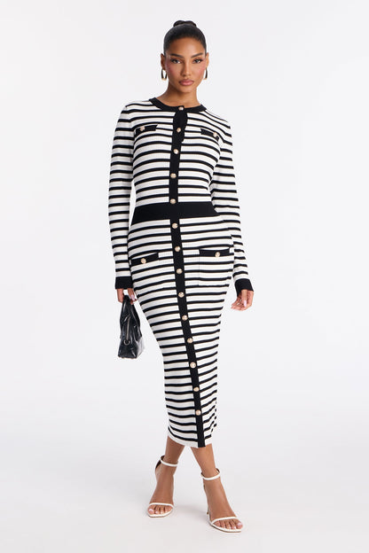 Zaylee Striped Ribbed Midi Dress - Black/White