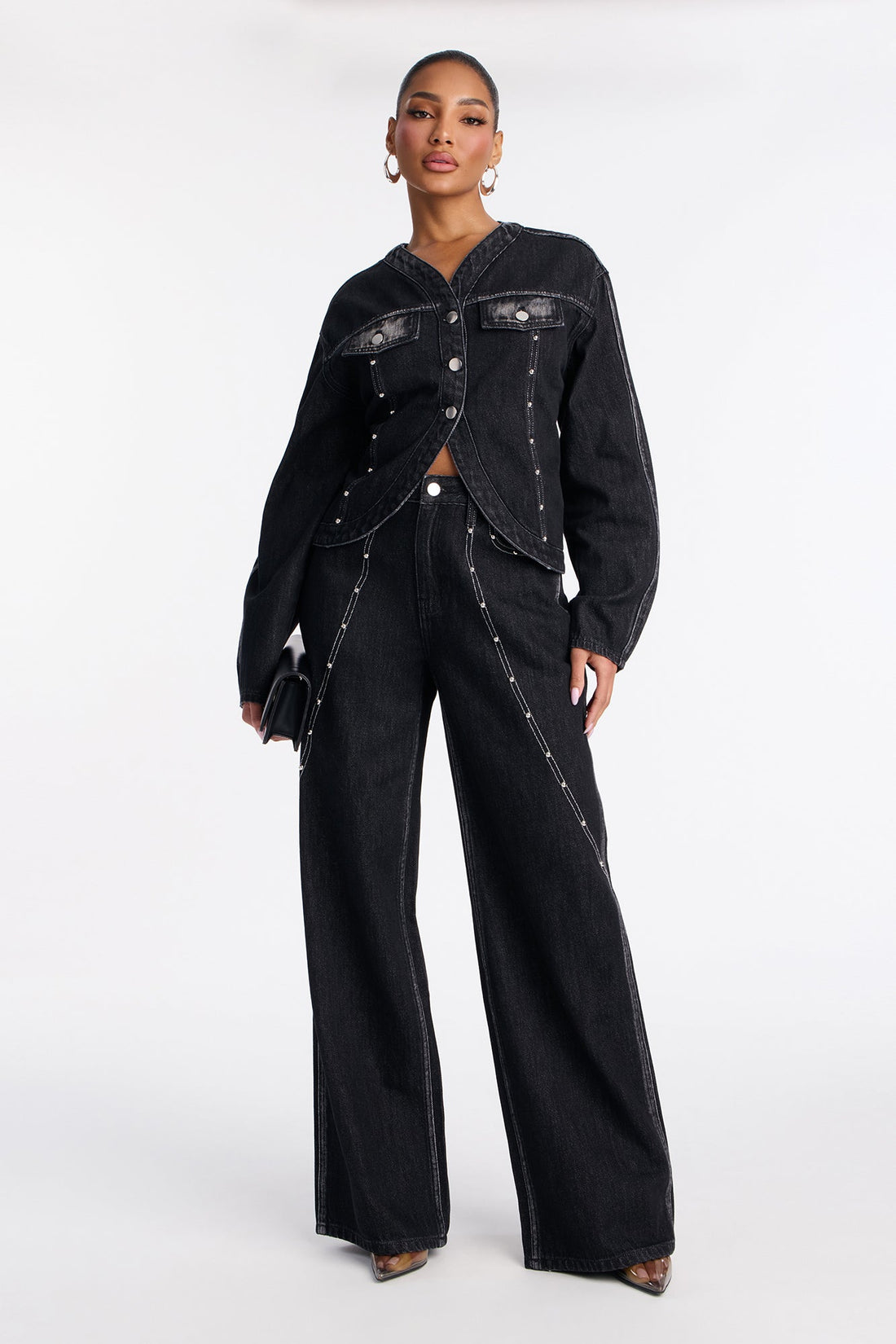 Alana Washed Studded Denim Pant Set - Dark Denim