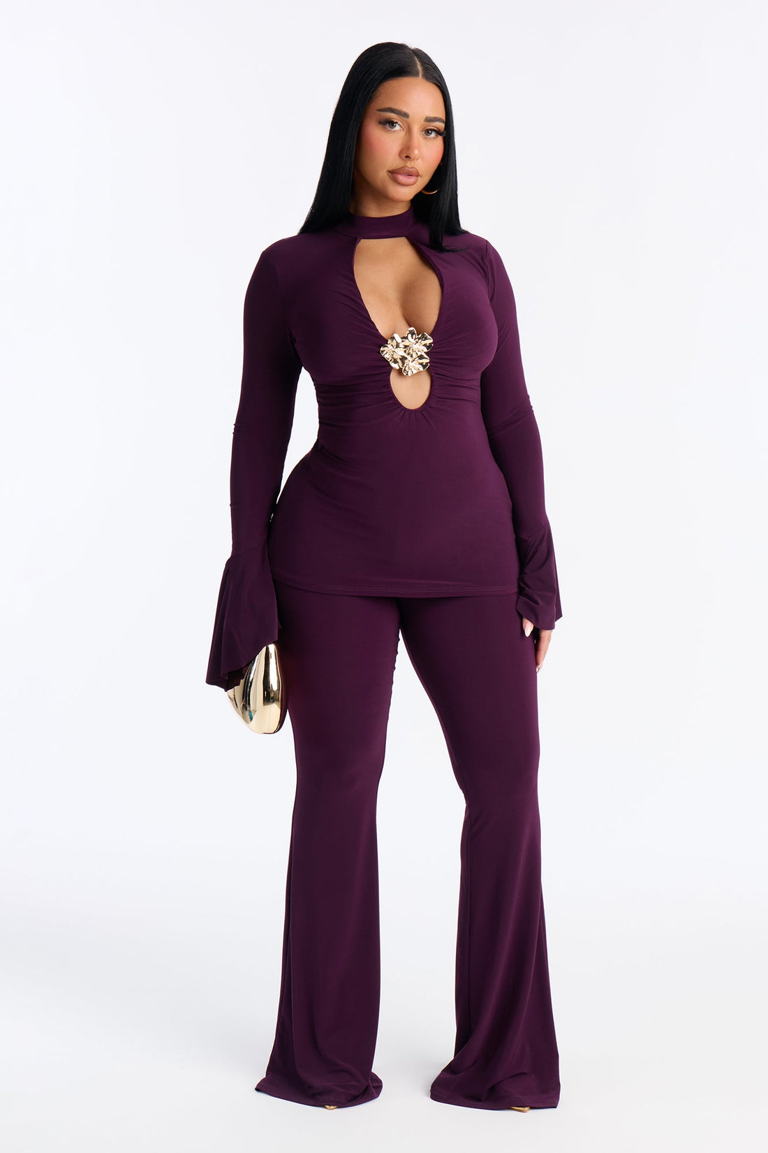 Sugar High Ruffle And Flare Pant Set - Eggplant