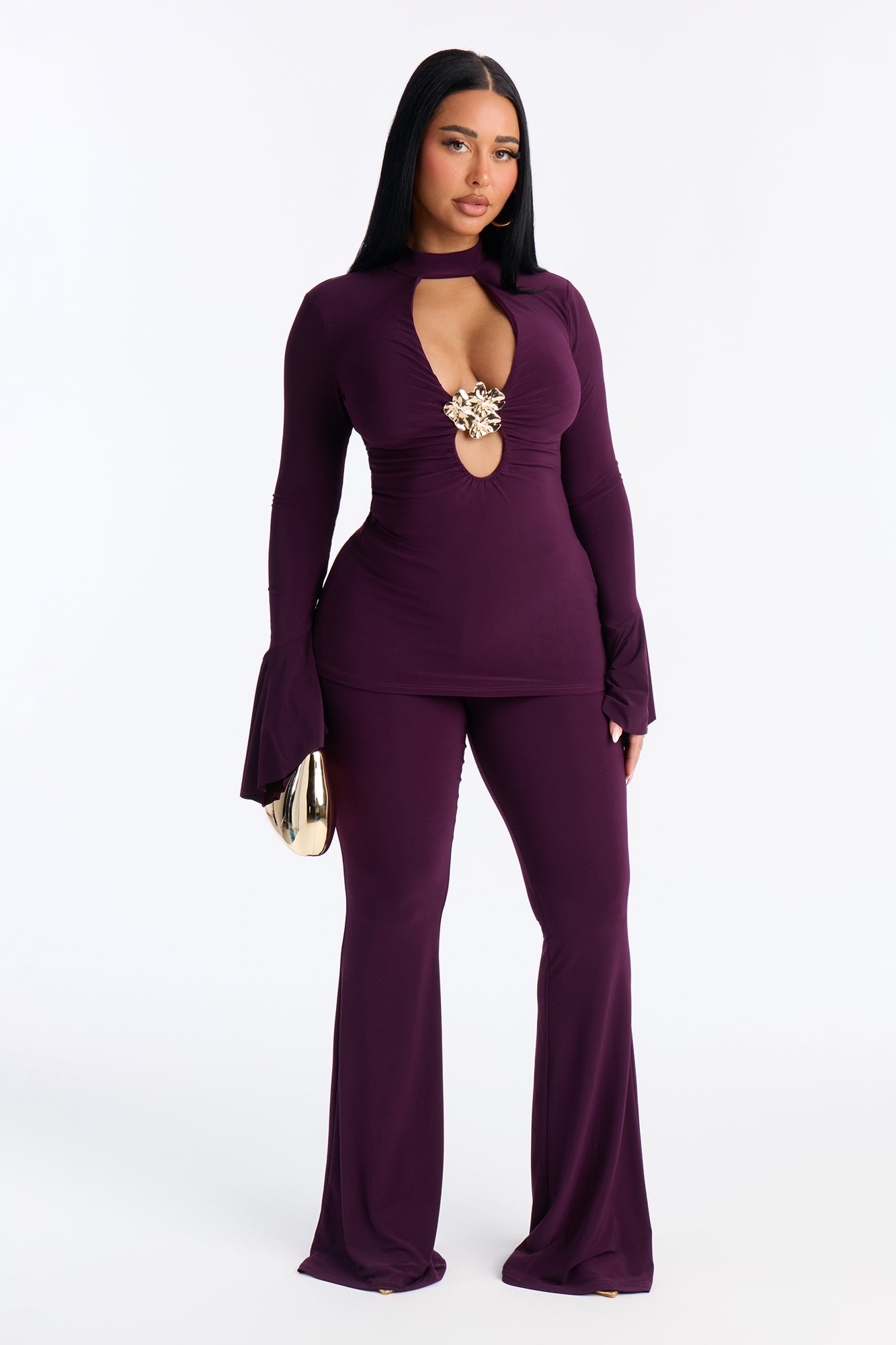 Sugar High Ruffle And Flare Pant Set - Eggplant