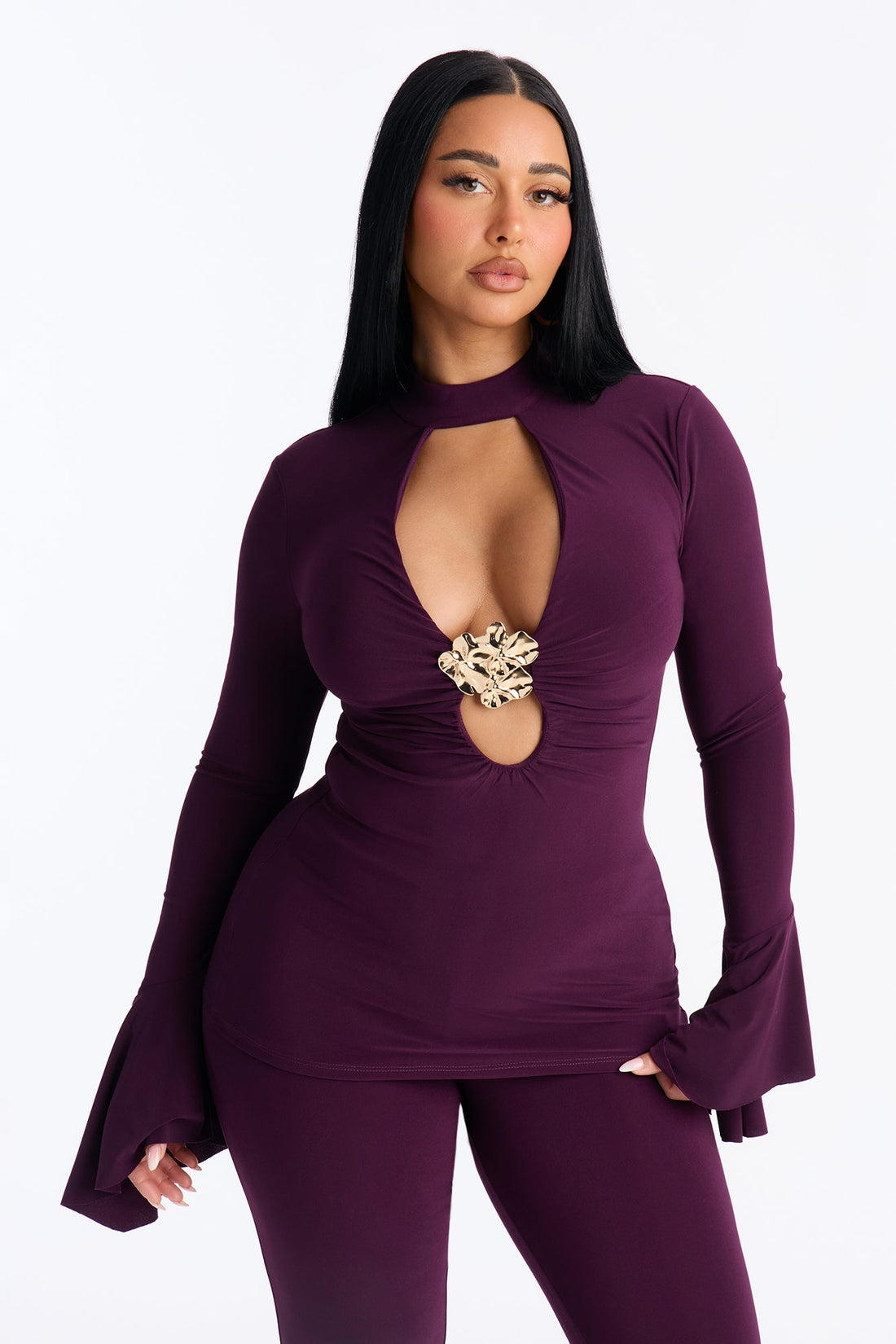 Sugar High Ruffle And Flare Pant Set - Eggplant